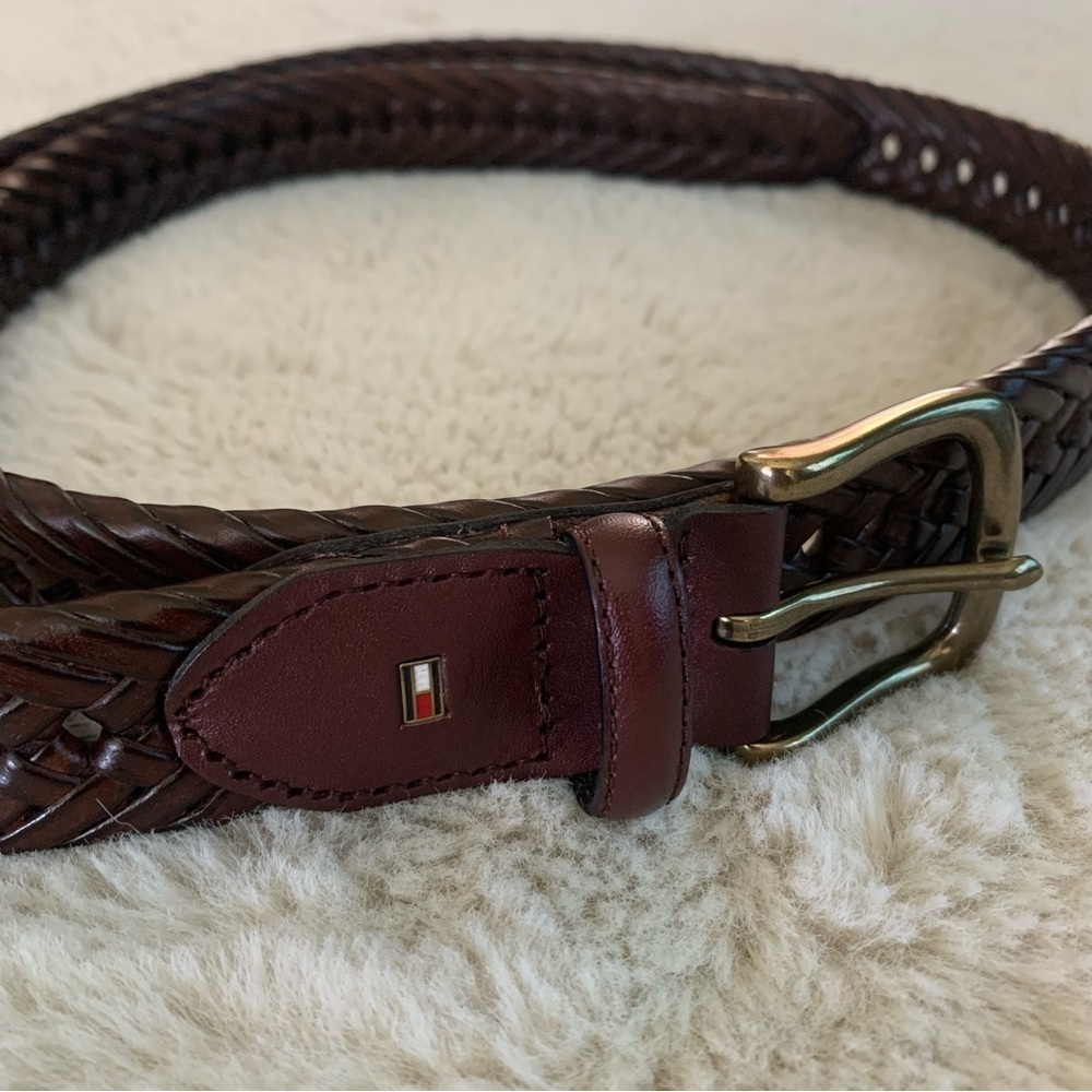 Tommy Hilfiger Braided Brown Leather Belt with Brass Buckle